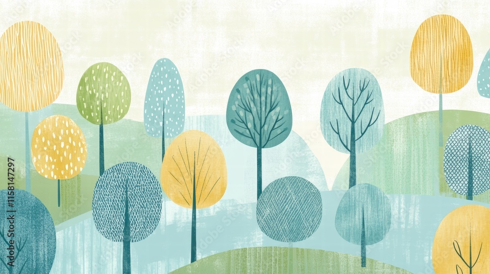 Poster naive art style landscape featuring colorful trees and hills for creative copy space. generative ai