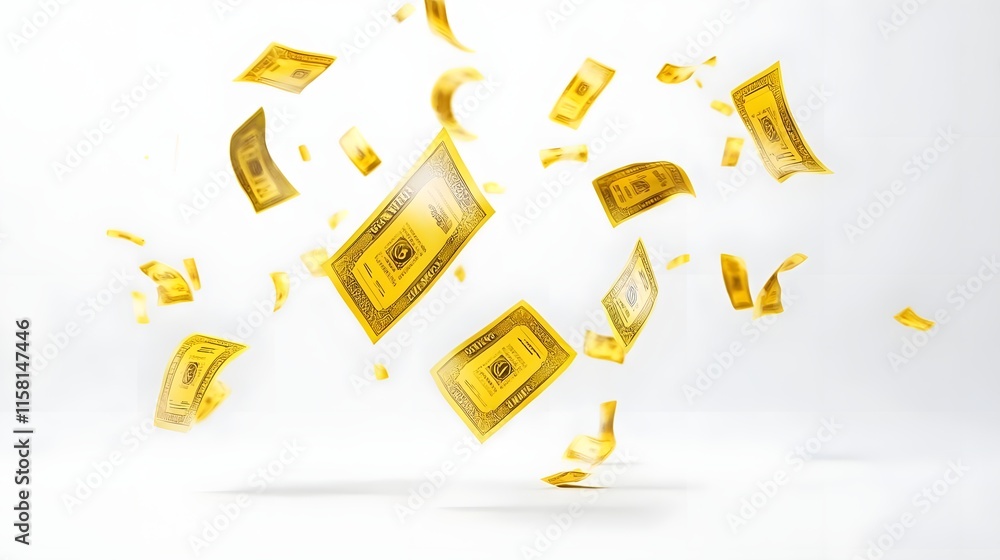 Poster a dynamic display of floating golden bills against a white background.