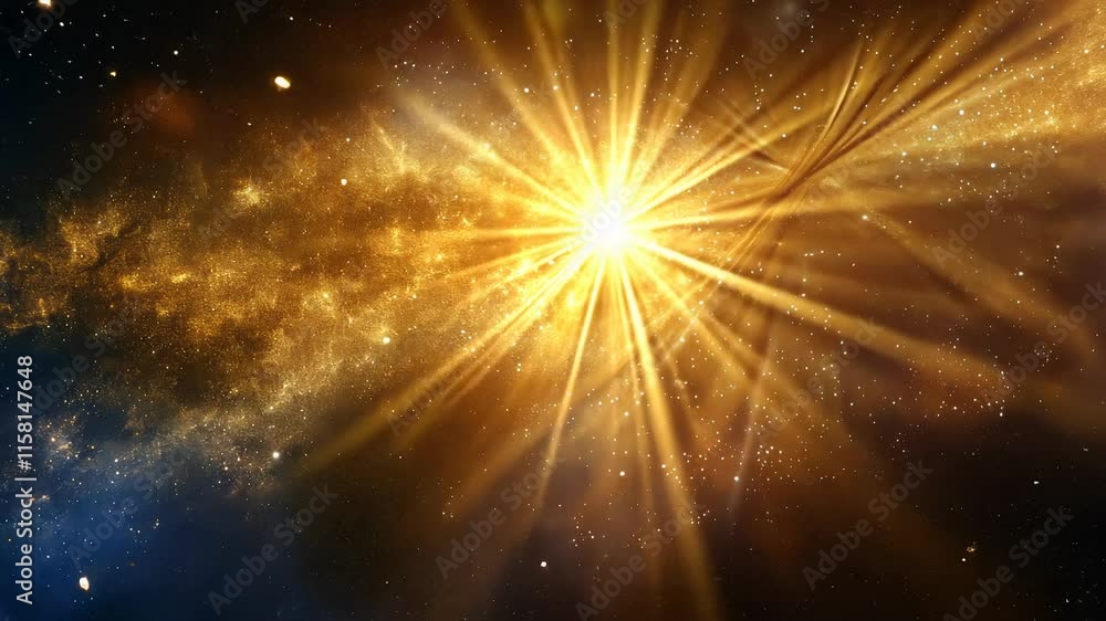 Poster bright cosmic explosion with starburst in deep space, celestial phenomena concept