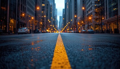 Wet city street at night, yellow line, blurred lights. Perfect for illustrating themes of urban life, solitude, or rainy nights.