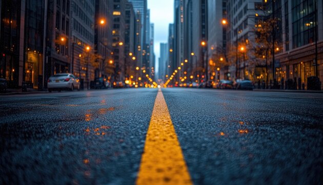Wet city street at night, yellow line, blurred lights. Perfect for illustrating themes of urban life, solitude, or rainy nights.