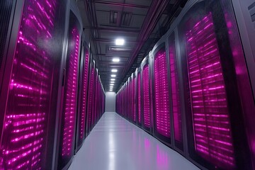 Fototapeta premium Pink-lit server room with rows of data center racks.