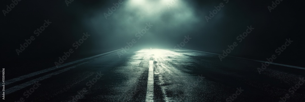 Poster Night road illuminated by car lights with bright streaks creating a dynamic atmosphere in an empty urban setting. Generative AI