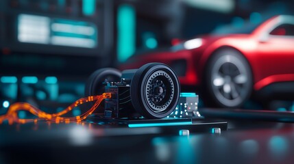 Mechanics repair, diagnostics and testing concept: Fully electric car undergoing performance testing on a dynamometer, capturing innovation and sustainability.