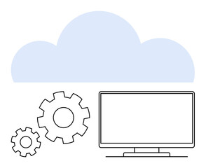 Computer monitor with two gears highlighting technical operations below a cloud shape. Ideal for technology, cloud computing, data management, IT services, innovation, business solutions, digital