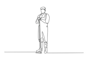 Farmer holding shovel continuous one line drawing. Farmer and farm equipment in single line art illustration. Editable vector.