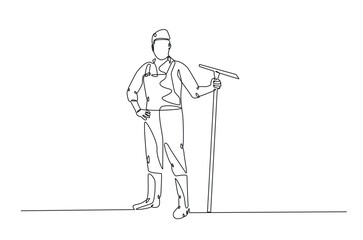 Fototapeta premium Farmer holding shovel continuous one line drawing. Farmer and farm equipment in single line art illustration. Editable vector.