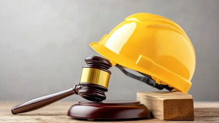 Hard Hat and Gavel on Table Signifying Fair Labor Law Judgments and Advocacy for Workers' Rights in Industrial Settings
