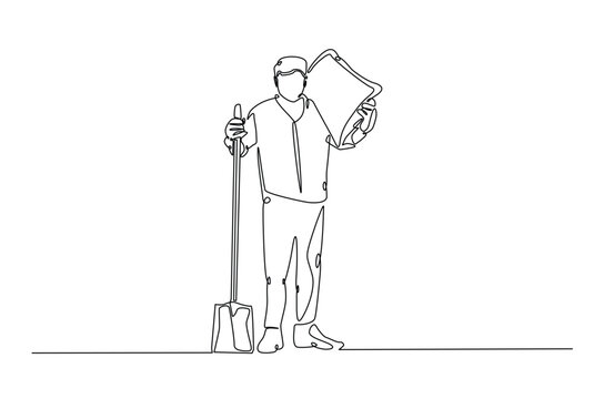 recommend clip art: Farmer holding shovel continuous one line drawing. Farmer and farm equipment in single line art illustration. Editable vector.