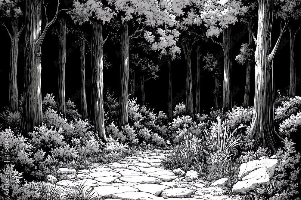 Aufkleber a monochrome forest scene with a rocky path surrounded by tall trees and dense foliage.