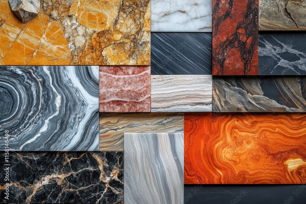 Poster collection of various marble slabs, showcasing unique patterns and colors. ideal for design projects