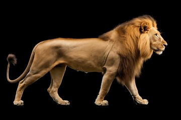 Obraz premium Majestic Male Lion Walking on Black Background