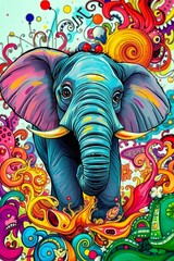 Obraz premium Playful elephant design set in a kaleidoscope of vibrant abstract patterns. 