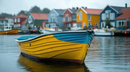 Obraz premium Yellow and blue rowboat in harbor with colorful houses.