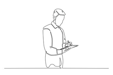 Businessman writing notes continuous one line drawing. Businessman making notes in single line art illustration. Editable vector.