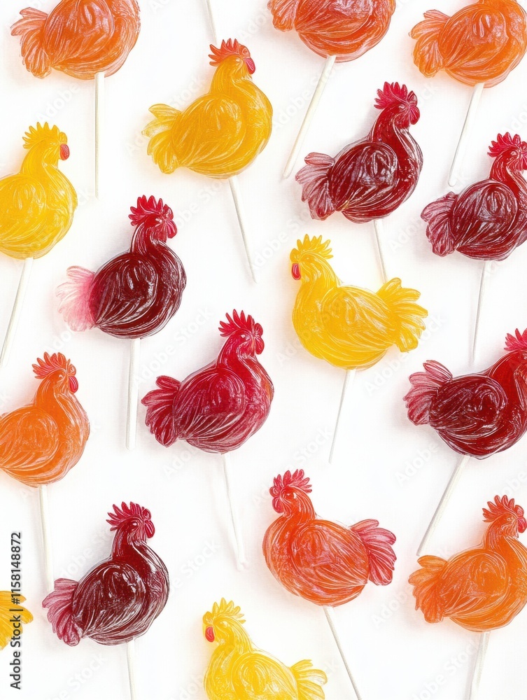 Poster Colorful rooster shaped lollipops on a white background with ample copy space for custom text. Generative AI