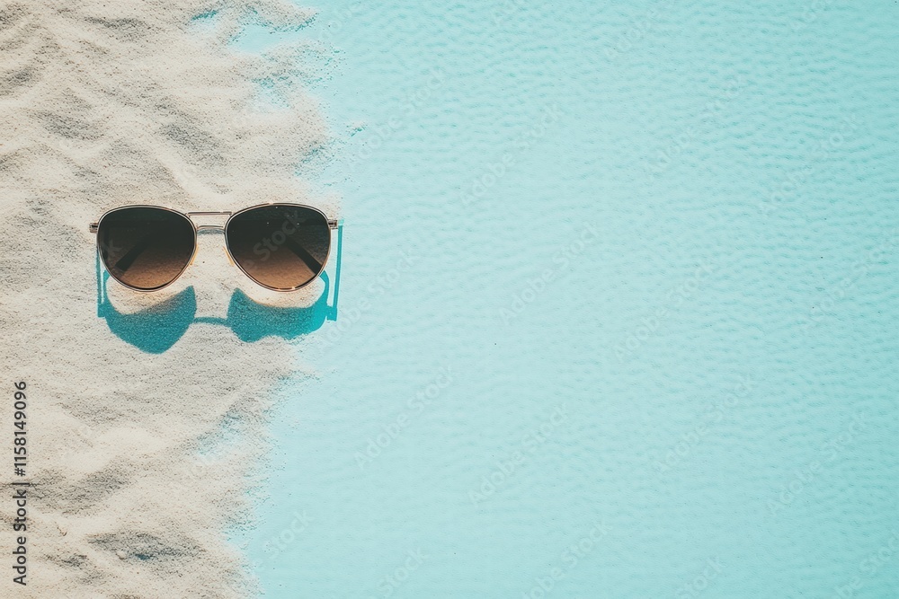 Poster stylish sunglasses resting on soft sand by a turquoise beach under bright sunlight inviting relaxati