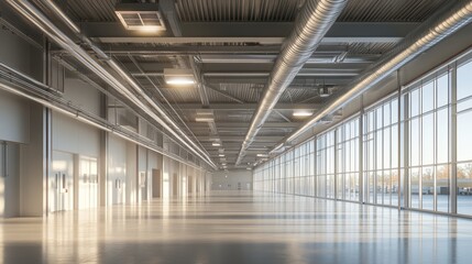Vast industrial space with high ceilings and large windows. Ideal for showcasing concepts of industry, manufacturing, or modern architecture.
