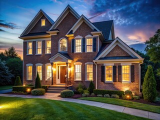 Maryland Suburban Home Night Photography: Brick Single Family House Front View