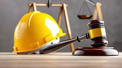 Hard Hat and Gavel on Table Signifying Fair Labor Law Judgments and Advocacy for Workers' Rights in Industrial Settings