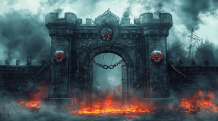 Fototapeta premium Infernal Gate: A fiery, ominous entrance to a dark castle, skulls adorn the gate, creating a terrifying atmosphere.