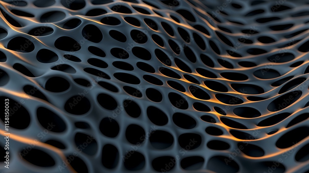 Poster the image shows a dark gray, undulating, three-dimensional surface with many oval-shaped openings, c