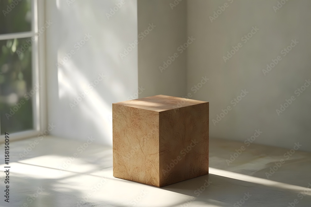 Poster a simple wooden cube placed on a table, illuminated by natural light through a window.