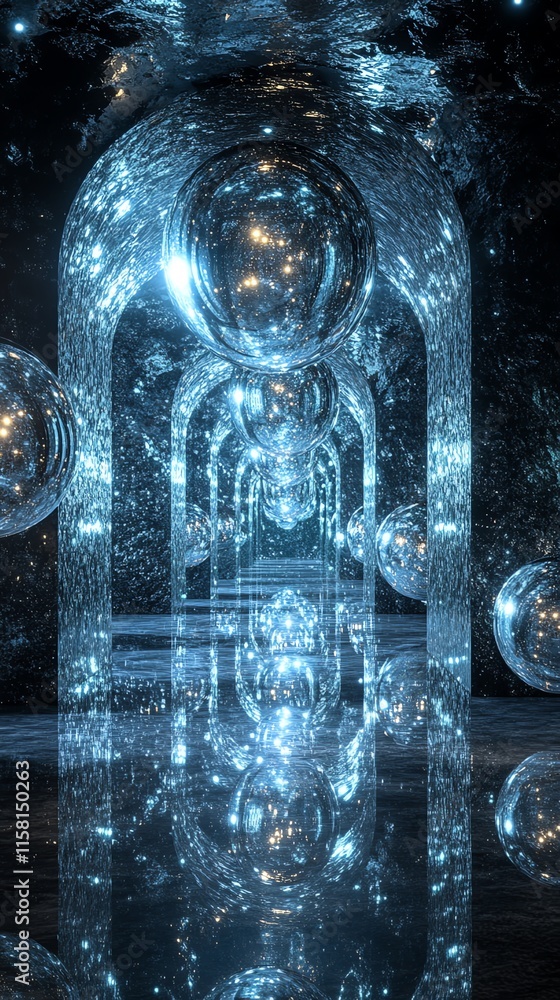 Poster a surreal, reflective corridor of glowing orbs and arches, evoking a sense of depth and wonder.