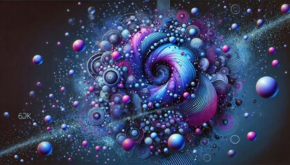 Vibrant blue and purple abstract shapes and dots on a dark slate background, a mix of random and structured forms