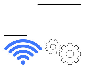 Blue wireless signal icon with two black gears and horizontal black lines. Ideal for connectivity, technology concepts, network setup, internet services, technical support, digital communications