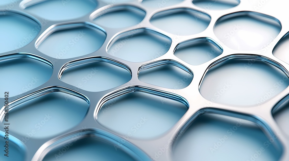 Poster the image shows an abstract 3d rendering of a metallic, honeycomb-like structure with rounded, inter