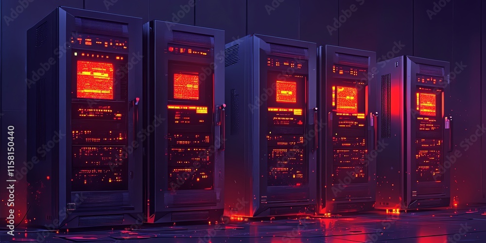 Poster A row of illuminated server racks in a dark, futuristic environment.