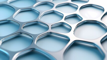 The image shows an abstract 3D rendering of a metallic, honeycomb-like structure with rounded, interconnected segments in shades of blue and gray.A close-up view of an abstract, metallic, honeycomb-l