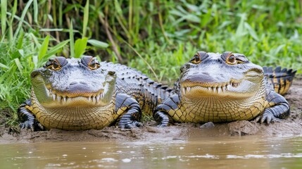 Fototapeta premium Crocodiles Resting by the Riverbank in Soft Light