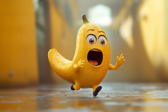 3D character of a funny banana running with eyes and mouth open with a scared expression