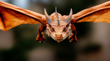 realistic depiction of majestic dragon soaring through sky, showcasing its intricate scales and fierce expression. This stunning creature embodies power and grace