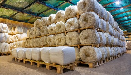 Fototapeta premium Fine Wool Bales Stacked Neatly for Transport in a Rural Warehouse