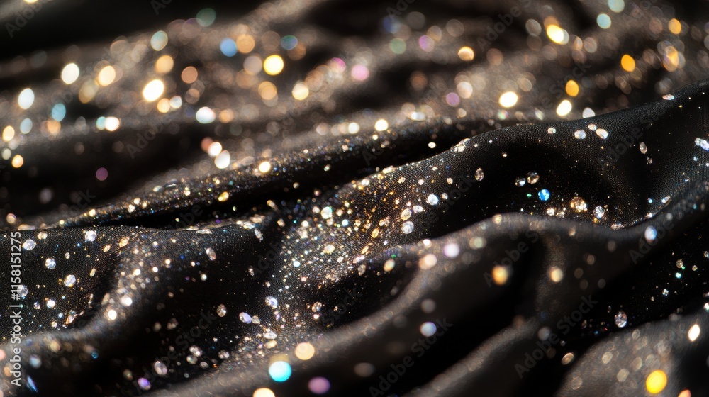 Poster Sparkling diamonds on luxurious black fabric with ample space for elegant text presentation. Generative AI