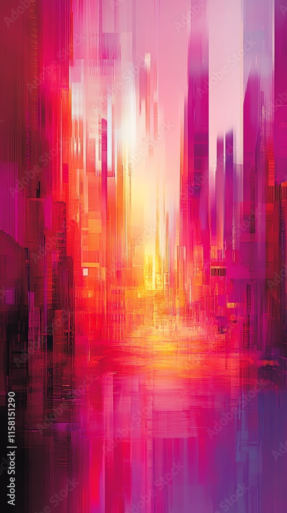 Poster a vibrant, abstract cityscape with vivid colors and distorted reflections.