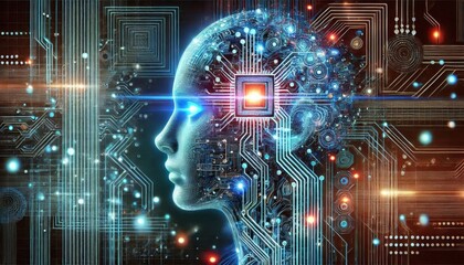 A futuristic digital human head imagining a future where technology advances to the point where machines can think, adapt and understand like humans