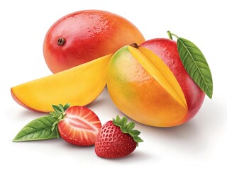 Ripe mango and sliced strawberries with green leaves, vibrant illustration on a white background.  