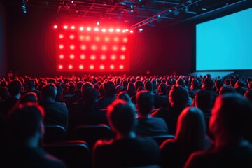 A large audience sits in a darkened theater, illuminated by red and blue stage lighting. The image depicts a movie premiere or similar event, ideal for entertainment themes.
