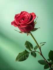 Fototapeta premium Set against a subtle mint backdrop, a stunning red rose blooms with grace, its rich petals delicately unfurling while lush green leaves complement its vibrant beauty.