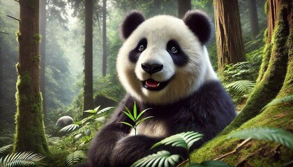 Obraz premium Panda's Journey: Exploring the Forest and Lake