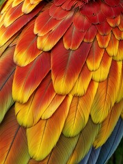 Obraz premium Layers of brilliantly colored feathers shine in warm hues of red, orange, yellow, and green, illustrating the incredible beauty of avian life in a lush rainforest setting.