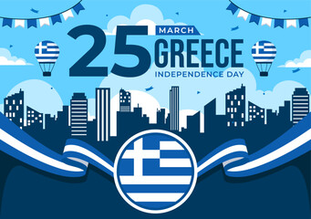 Happy Greece Independence Day Vector Illustration on March 25th, featuring the Greek Flag and Ribbon in a National Holiday Flat Style Background