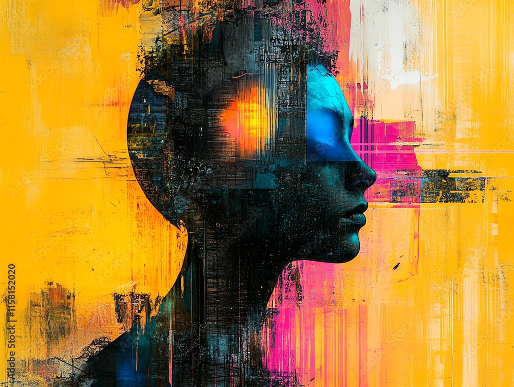 Poster abstract representation of a human silhouette with vibrant colors and digital textures.