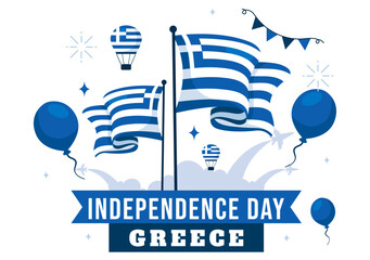 Happy Greece Independence Day Vector Illustration on March 25th, featuring the Greek Flag and Ribbon in a National Holiday Flat Style Background