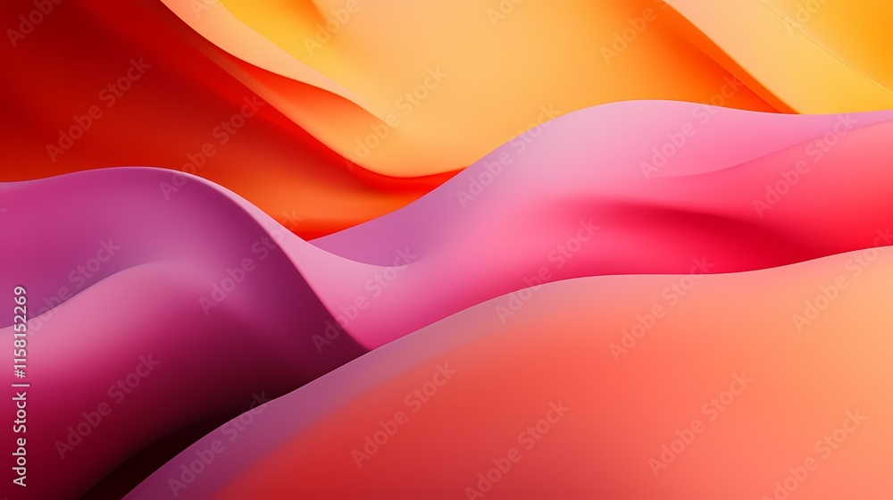 Poster the image contains abstract, wavy shapes in shades of orange, pink, and red. these colors blend seam