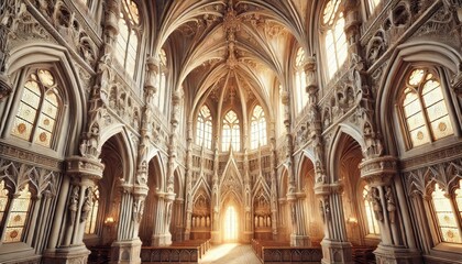 A gothic-style cathedral with ornate arched windows and intricate architectural details, illuminated from the inside, creating a warm and inviting atmosphere，White background, surreal image, ultra cle